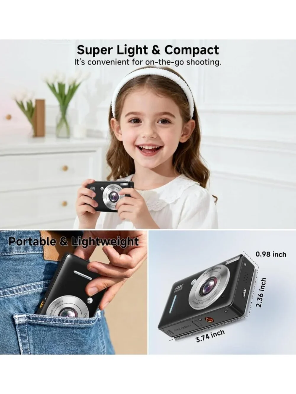 44MP FHD Point & Shoot Digital Camera, 16X Zoom, Anti-Shake, 32GB SD Card